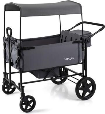 Costway Foldable Wagon Stroller for 4 Kids with Removable Canopy and Adjustable Push-Gray