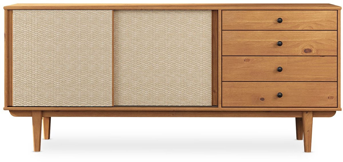IDIMEX Sideboard SIMONA 175 cm van massief hout met rotanvlechtwerk – eikenhouten afwerking