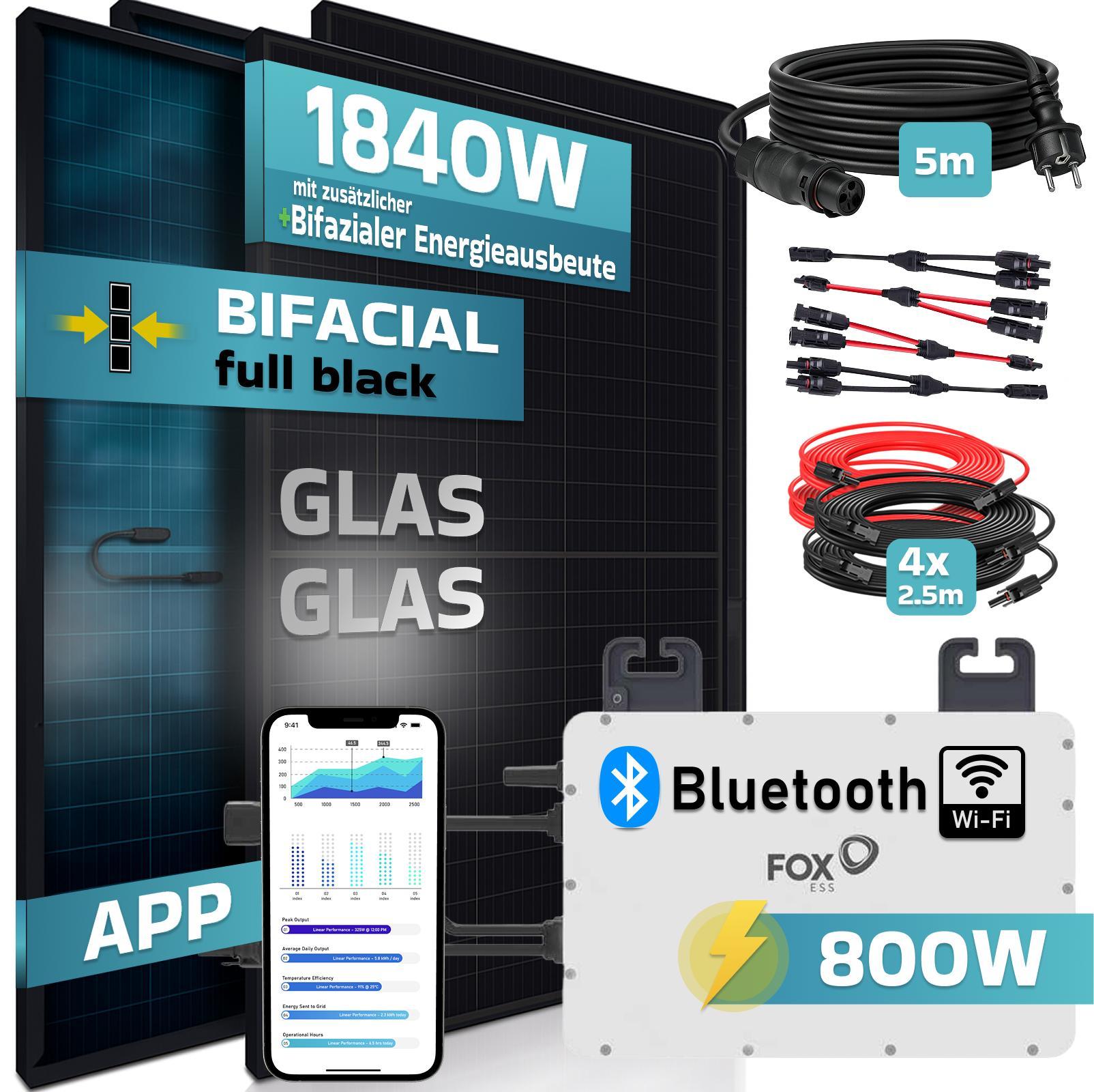 SUNNIVA 1840W Balkonkraftwerk BIFAZIAL FULLBLACK komplett Steckdose Fox ESS 800W Wechselrichter, PV Solaranlage, 5m Kabel, Bluetooth WIFI
