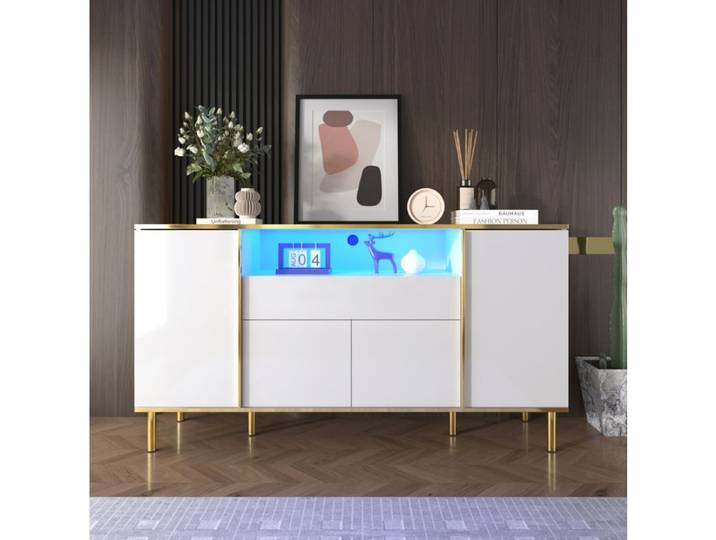 Buffet Moderne VIVRYN Buffet Bas 1 tiroir 4 portes buffet blanc laqué pieds dorés 150 x 40 x 80 cm