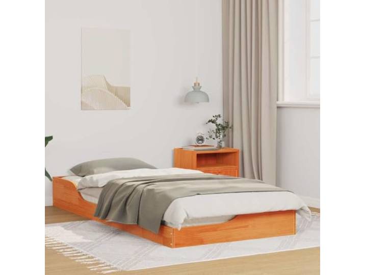 Massives Kiefernholz Plattformbettrahmen modernes Design 100 x 200 cm Braun Bettrahmen Wachsbraun 100x200 cm Massives Kiefernholz mit Nachttisch und Schubladen Stabiler Plattformbettrahmen ohne