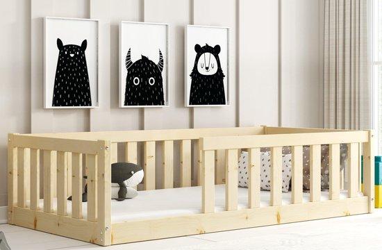 Kinderbett 160x80 mit Schutzgitter - Montessori-Bett - Bett mit Schlupflatten - Aus massivem Kiefernholz - Belastbar bis 120 kg - Komfortables Design - Kleinkindbett