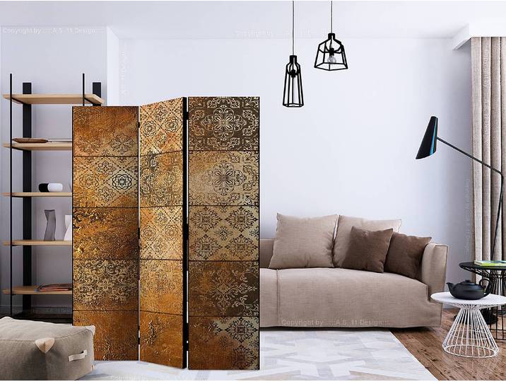 Paravent Old Tiles 1-seitig Vlies auf Massivholz Gold 135 x 172cm