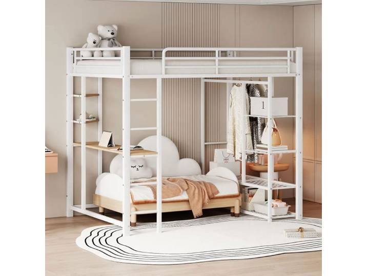 Lit mezzanine - LEYTN - 140x200cm - Métal - Bureau et armoire intégrés - Blanc
