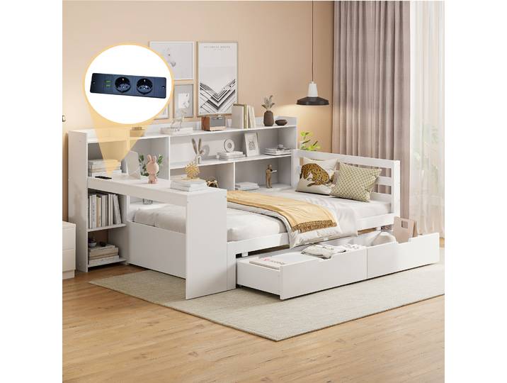 Lit 90x200cm - Canapé-lit Avec Bureau\, Bibliothèque\, 2 Grands Compartiments Rangements Et Étagères - En Bois Massif - Blanc