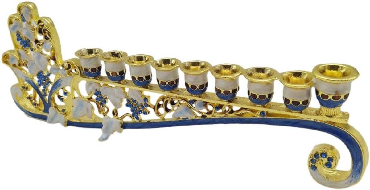 Blauwe Bloemen Kandelaar Chanoeka Menorah met Artistiek Design - 24 cm