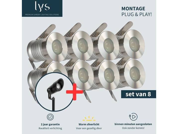 Olan Grondspots Complete Set - Tuinverlichting - 8 Aluminium/RVS Spots - Plug and Play Systeem (8 stuks)