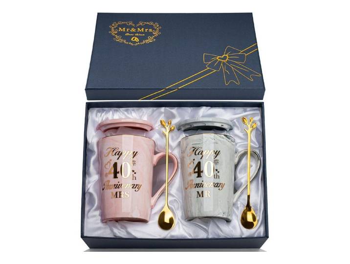 LuxusKollektion Tasse Tassen Set 2PCS Mr Mrs Marmor 14Oz Rubinhochzeit, Keramik