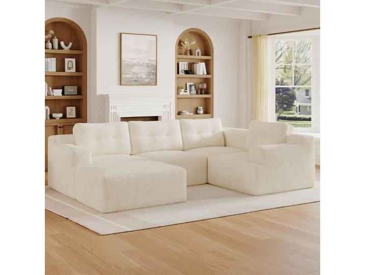 MODFU Schlafsofa Modulares Sofa aus Vollschaum, frei kombinierbar L- oder U-Form 1 Teile, Beige, 252x180x82cm, Chenille