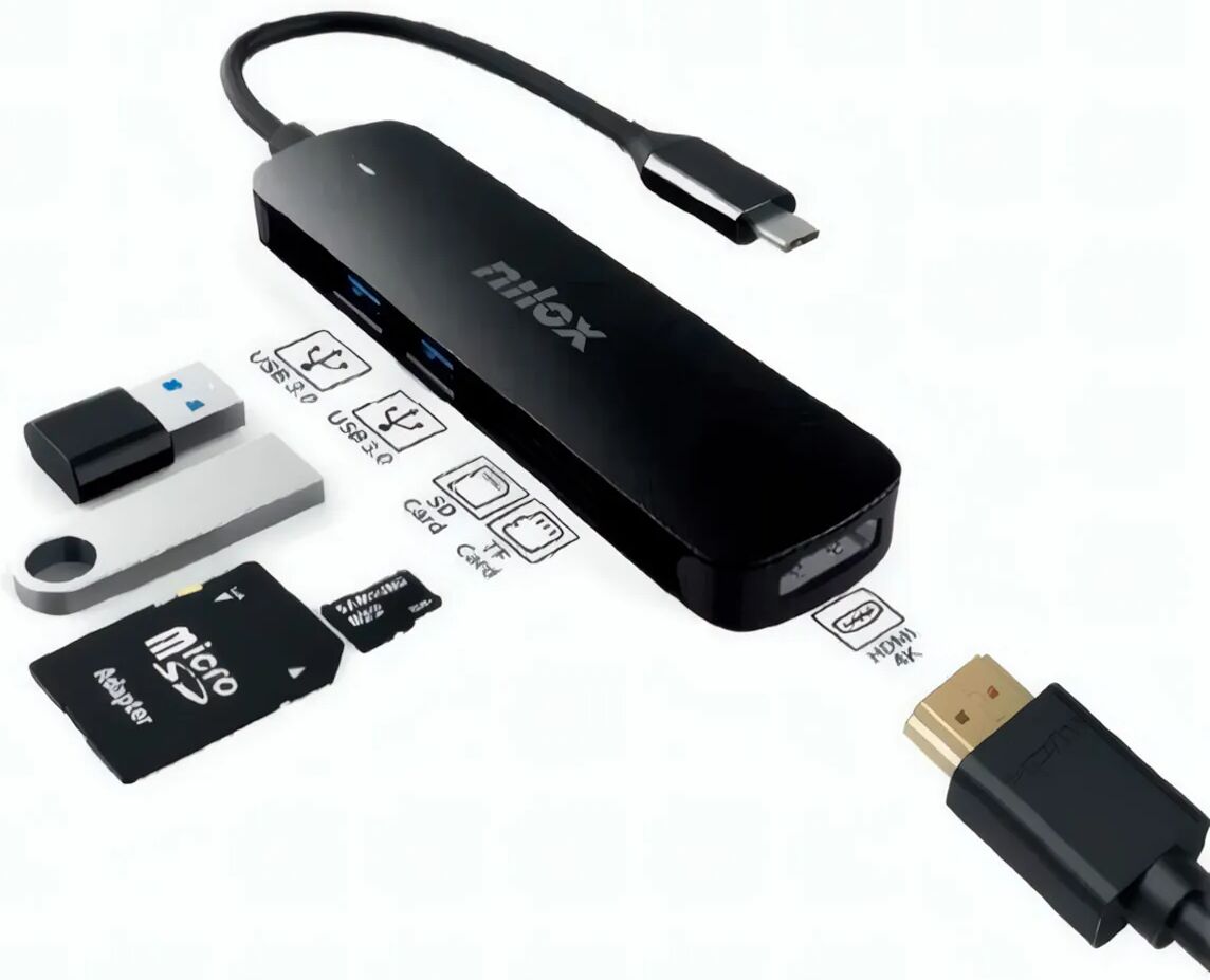 Nilox Nxdsusbc05 Negro / Adaptador Usb-C 5 En 1, Hdmi, Usb 3.2 Gen1, Sd/Tf
