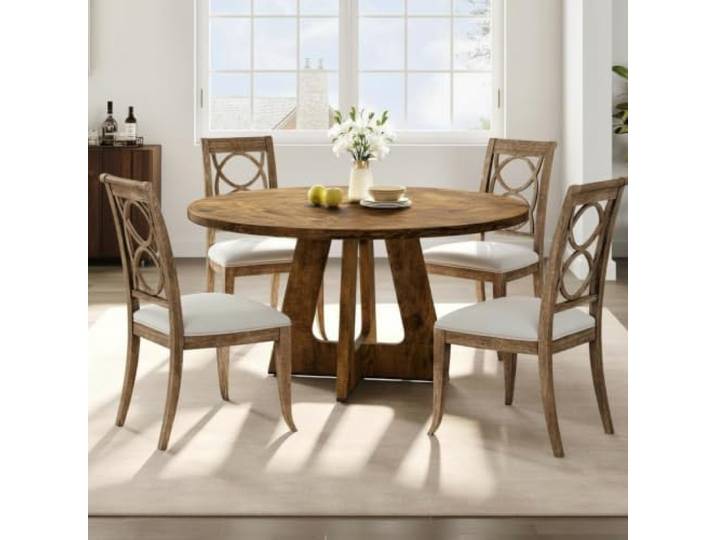 Koioplie Rustikaler runder Esstisch 120 cm – Massivholzplatte & Stabiler Mittelfuß Für 4–6 Personen – Platzsparend für Küche oder Wohnzimmer – Klassisch Design