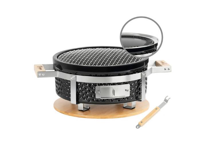BBQ-Toro Tischgrill Keramik Tischgrill Rund, Ø 29,5 cm, Japanischer Grill mit Holzunterlag, Optimale Hitzespeicherung durch dickwandige Keramikhülle