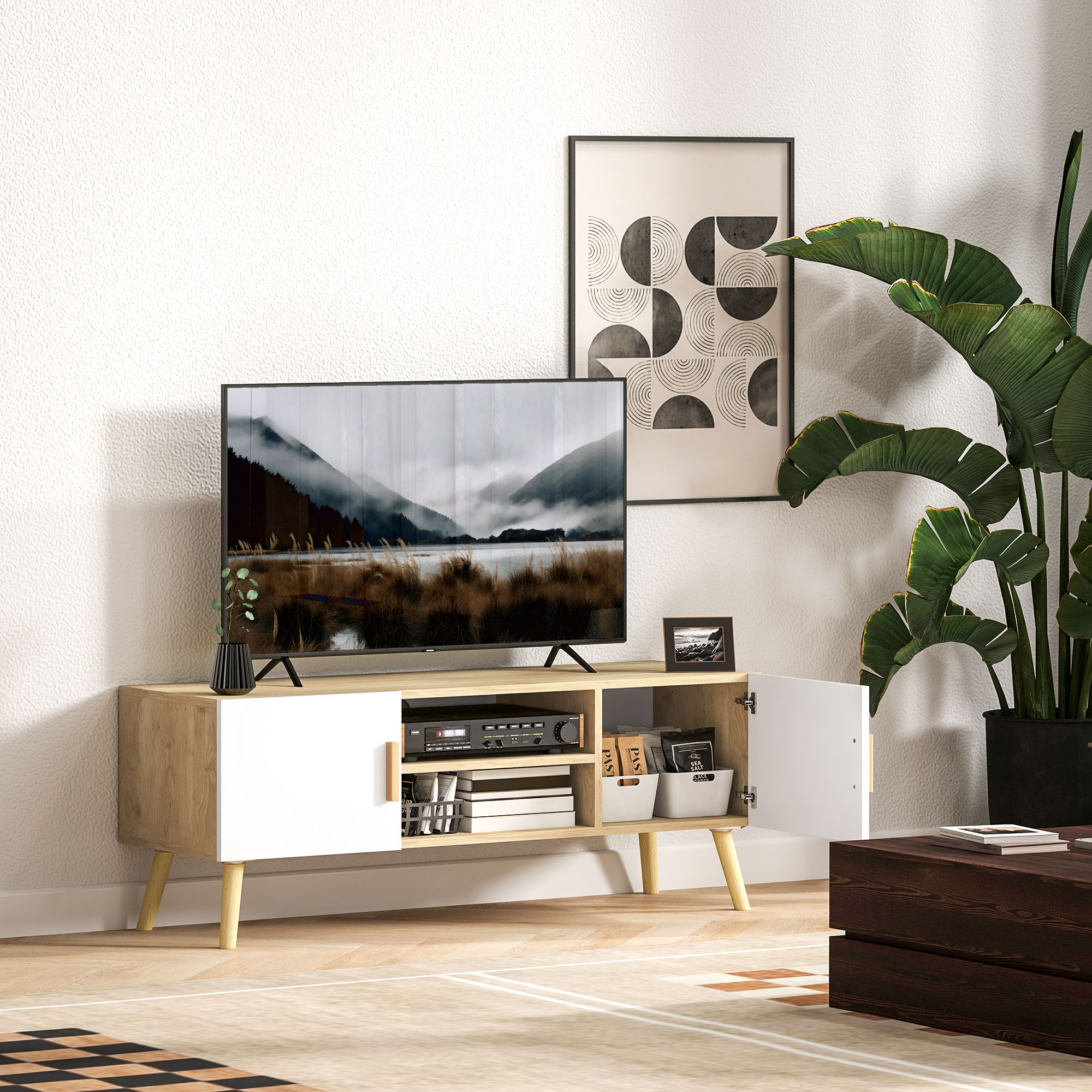 Homcom Mobile TV mobile in legno per TV fino a 50 pollici con ripiani, 2 armadi e passacavi, rovere
