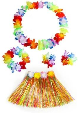 Useful Little Things Hawaiian Dance Child Skirt With Leis Costume 15.7 Inch Elastic Luau Grass Skirt Flower Bracelets Headband Necklace Set 5pcs Multicolor 15.7 In