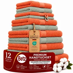 Betz 12-tlg. Handtuch-Set PREMIUM 100% Baumwolle 2 Duschtücher 4 Handtücher 2 Gästetücher 2 Seiftücher 2 Waschhandschuhe blutorange/heugrün