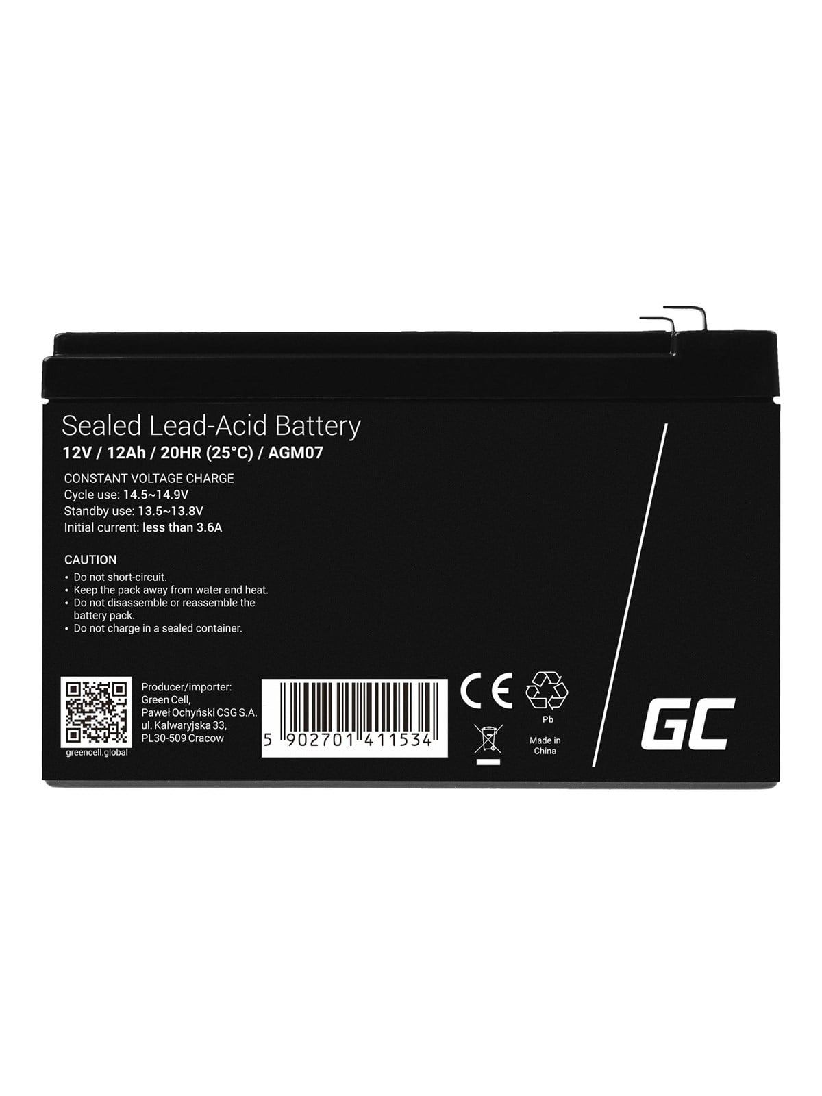 Green Cell AGM07 - 12V 12Ah VRLA Battery | AGM | Maintenance-Free