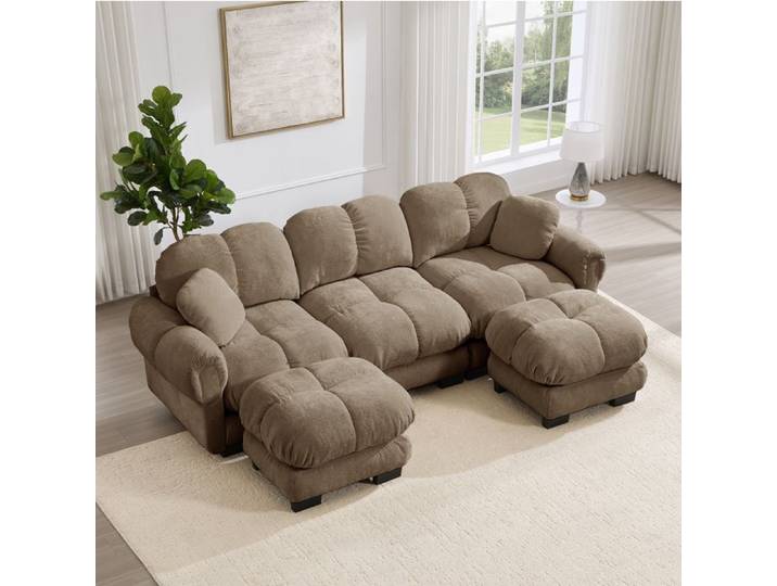 Canape Modulable 3 Places En Chenille Marron Canape En U Design FloraGrace Pour Salon Avec Ottomane Mobile 122x59x49cm