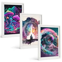 BILDER SET 3er Set - 40x60 cm Weißer Rahmen - Farbenfrohe Fantasy-Kunstillustrationen