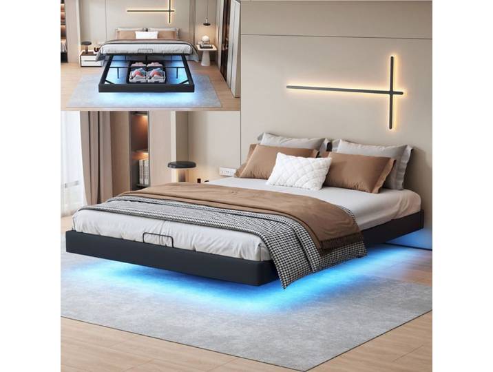 Lit 160x200 cm - LED - tissu en PU - cadre de lit adulte - lit adulte 160x200 cm - 160x200 cm - Noir