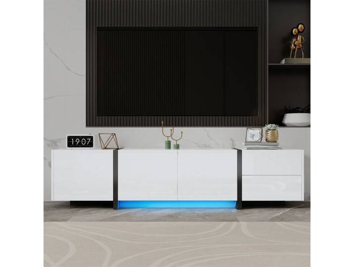 Meuble TV Haute Brillante avec éclairage LED Armoire Noir avec Pieds Blancs Contrastés Meuble TV Salon avec Rangement