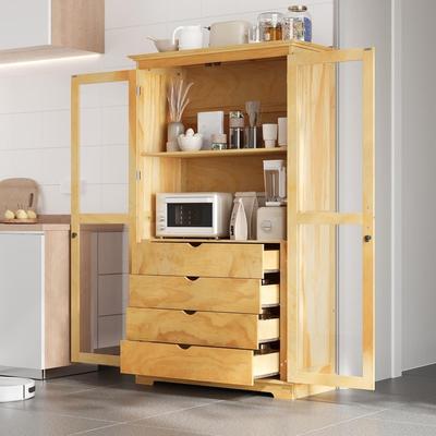 "75"" Tall Pine Wood Kitchen Pantry Cabinet with Glass Doors Four Drawers and Anti-Tipping Safety Features"