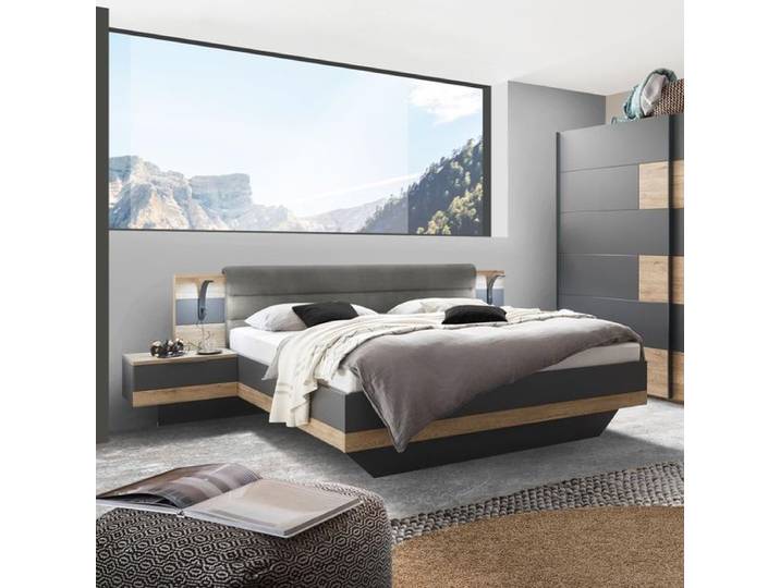 Bett Igneo Komfort Eiche Dekor mit Nachttischen 180x200cm industrial, höhenverstellbar