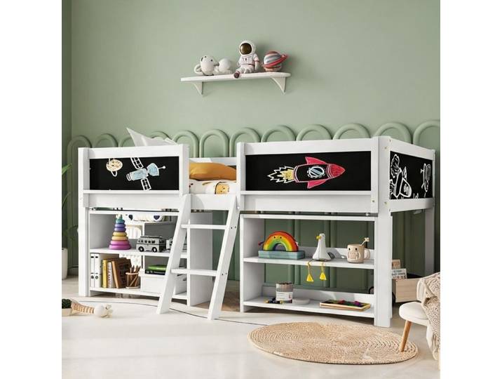 Lit mi-hauteur enfant 90x200 cm avec rangements barrière et planche à dessin blanc