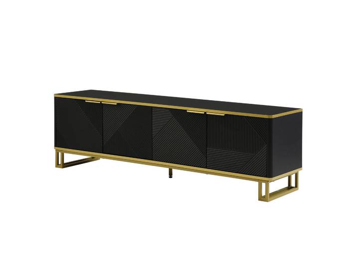 ComfortXL Lowboard De-40244 mit geometrischer Prägung Schwarz, 160x48x37.5 cm, Wohnzimmer, TV Möbel, Lowboards, Lowboards stehend