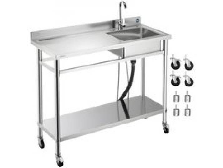 VEVOR Spültisch Spülbecken Edelstahl (1200 x 500 x 1055 mm), Einzelbecken mit Wasserhahn & Rädern, Küchenspüle für Garage Restaurant Wäscherei, Waschtisch Außenspüle mit Arbeitsplatte (links)
