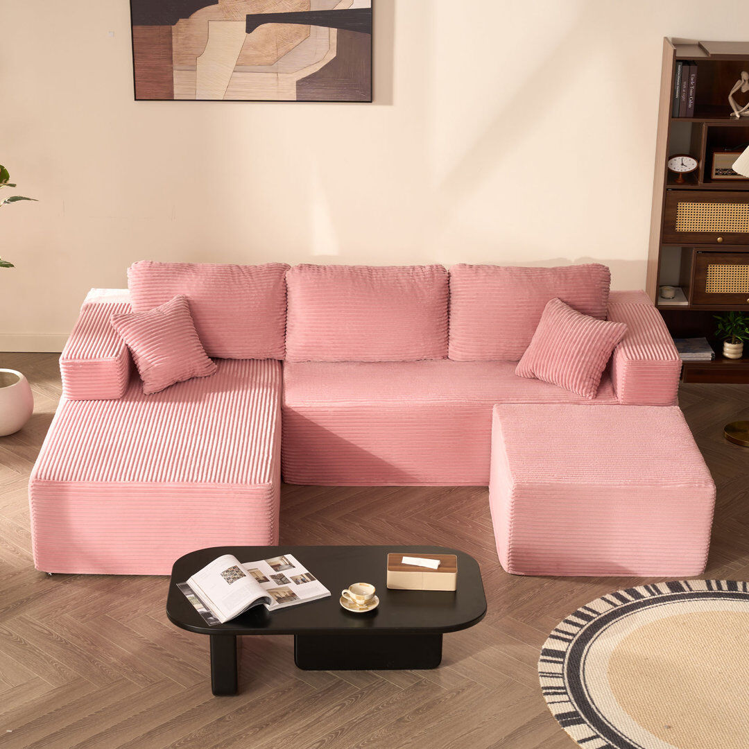 Ningbo Xiangyi Furniture Technology Co., Ltd. Modular Sofa for Living Room, L-Shaped Left Chaise, 272cm Foam Sofa System for Living Room, Corduroy, Pink 60cm H X 272cm W X 194cm D