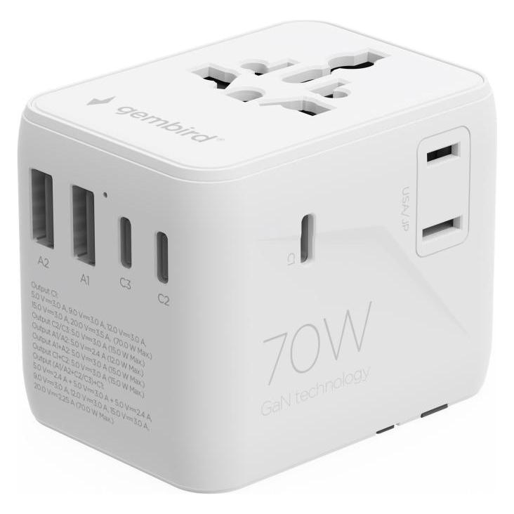 Gembird Other Computer Accessory Adapteris universal travel adapter 70W White (TPA-2A3C70-01-W)
