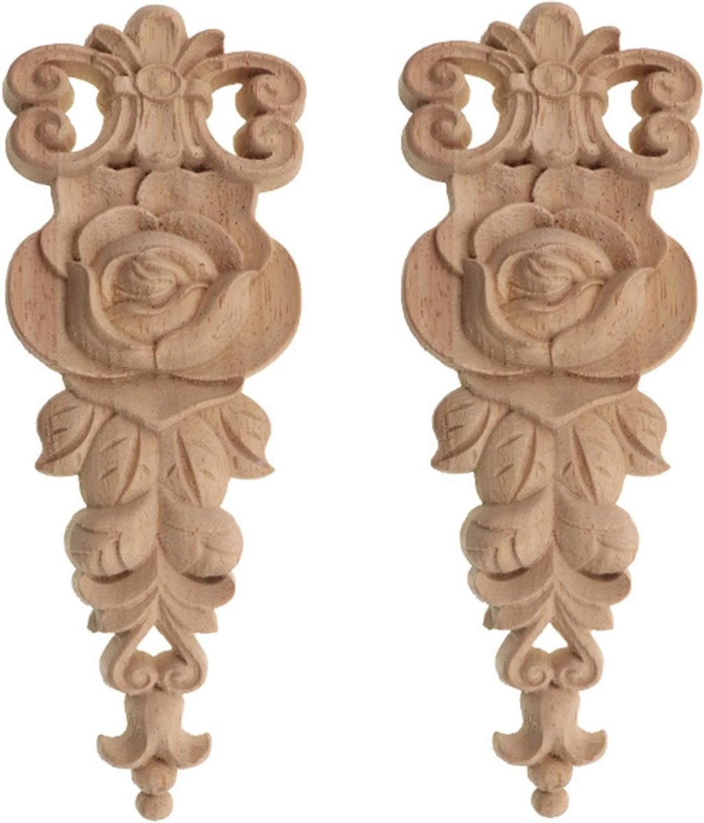 Vintage houten ornamenten voor meubels: gesneden houten sculpturen en onbehandelde appliques met zelfklevende achterzijde