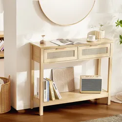 VEVOR Rattan-Konsolentisch mit 2 Schubladen, Rattan-Eingangstisch mit natürlicher Rattan-Schiebetür, Konsolen-Sofatisch für Wohnzimmer, Arbeitszimmer, Eingangsbereich oder Fernsehwand, Natur
