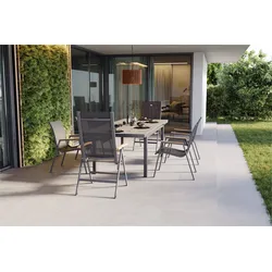 HARTMAN Aruba Teak Garten-Essgruppe, xerix, Alu/Textilene, Tisch 180/240x100cm, 4 Stapel-, 2 Klappstühle