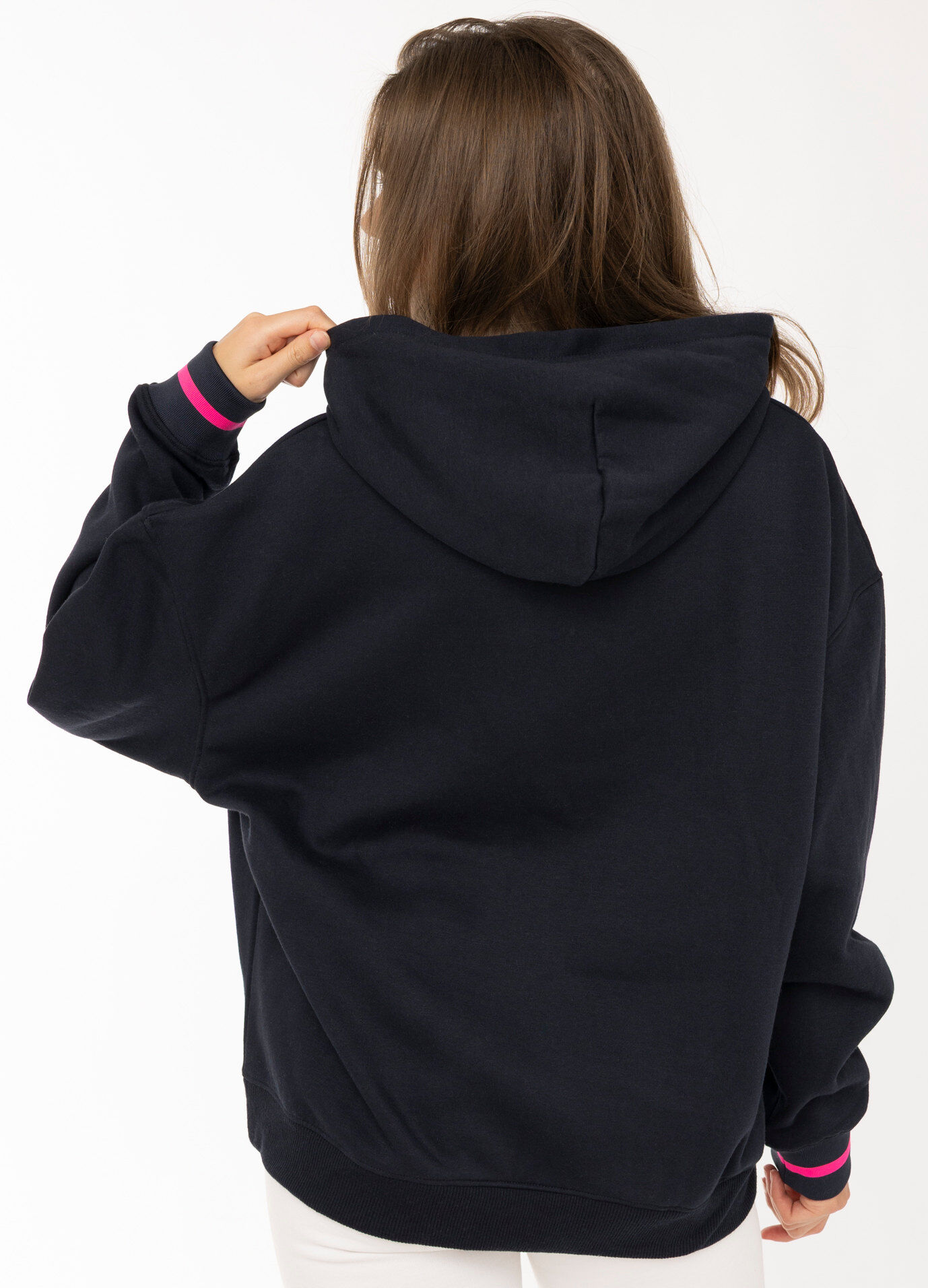 Hoodie ZWILLINGSHERZ "Zwillingsherz Patches", Damen, Gr. L, schwarz (marine), Obermaterial: 50% Baumwolle, 50% Polyester, Sweatshirts Hoodie, Oversize-Fit, Kapuze, grosser Schriftzug und Patches, Kängurutasche marine L