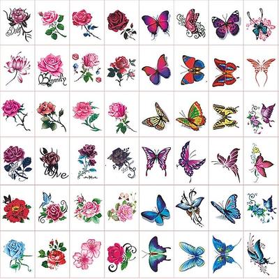 trendige 3D-Tattoo-Aufkleber, wasserdicht, temporäre Körperkunst für Frauen, bunte Rose, Blume, Schmetterling, stilvolles kleines, frisches Persönlichkeitsdesign, Narbenabdeckungs-Tattoo