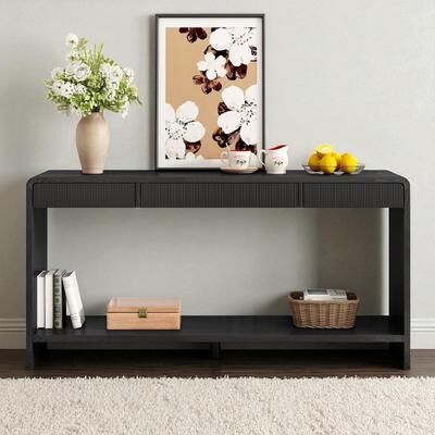 Fundinbaths Modern 3-Drawer Console Table with Vertical Slat Design, Rounded Edge Entryway Storage Table with Shelf