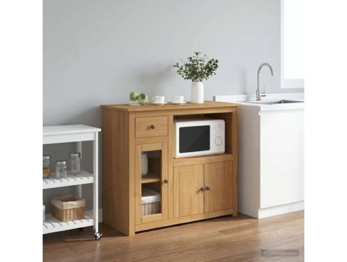 Sideboard aus Kiefernholz Honigwachs 99,5 x 44 x 86,5 cm für Mikrowelle Massivholz Kiefer, Honigwachs-Finish, Glastüren, Schubladen, Fächer, vielseitig, moderne Küche