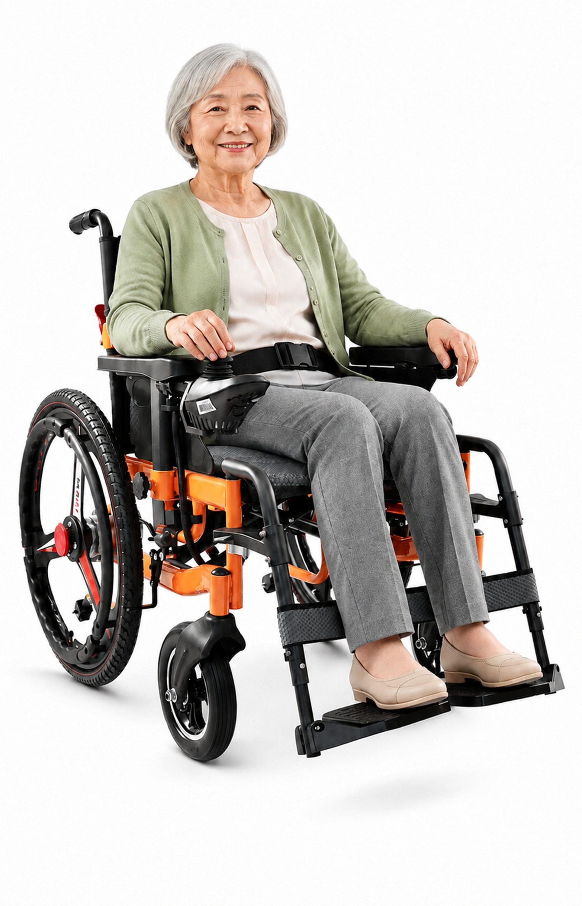 Draixcor Elektrorollstuhl faltbar Orange, 288 Wh Akku herausnehmbar, bis 20 km, 6 km/h, 120 kg, Joystick, LCD-Display, Kippschutz, 24-Zoll-Räder
