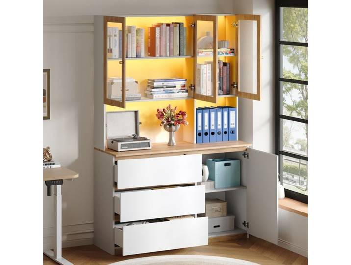 Meuble Vitrine 200cm avec LED Vitrine en Verre avec Plan de Travail Armoire Multifonction avec 3 Tiroirs 4 Portes Bibliothèque