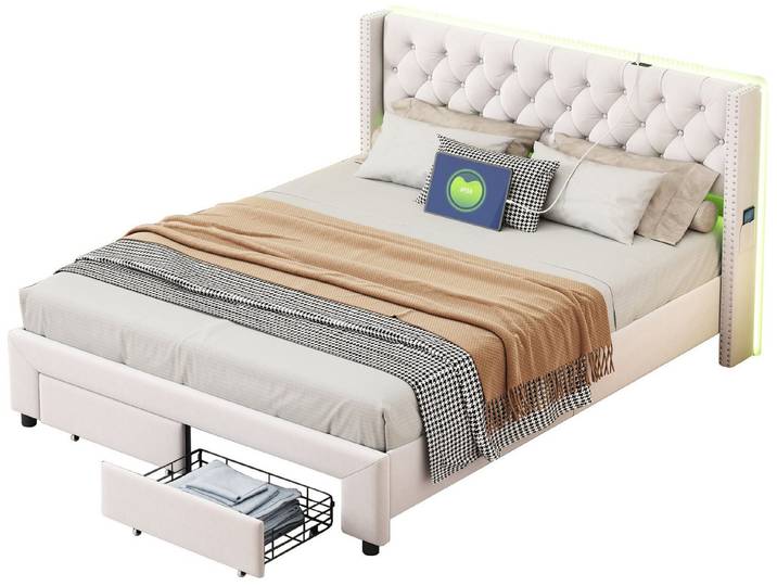 ADWOLT Polsterbett Doppelbett Stauraumbett mit Schubladen, Samtmaterial (Jugendbett), 140x200 cm,LED-Beleuchtung,LED-Licht und USB+Typ C,Gepolstert,Beige