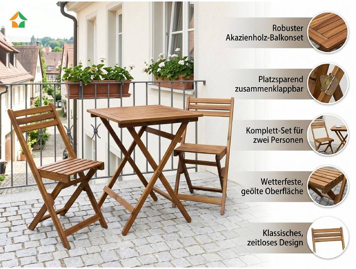 3-teiliges Balkonmöbel-Set aus Akazienholz, klappbar