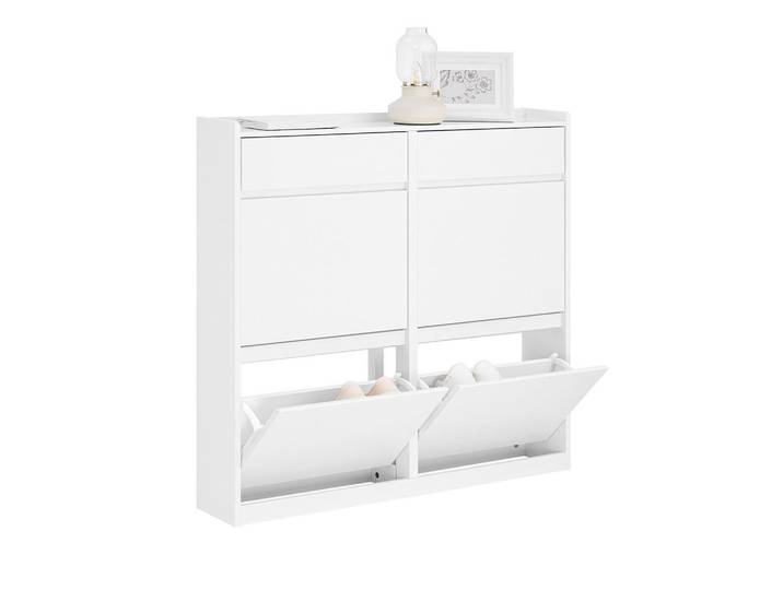 SoBuy Schuhkipper mit 4 Klappen, Schuhschrank schmal, 98x95x19cm Weiß, Holz, 98x95x19 cm, Garderobe, Schuhaufbewahrung, Schuhkipper