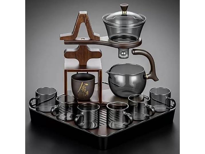 Lazy Tea Set Holzglas-Teekannen-Set Teekanne Mit Drehbarer Abdeckung Semi Automatic Tea Set Chinesisches Gongfu-Tee-Set YoeEoay Neues Asiatisches Teeservice Authentische Teezeremonien & Entspannung(C)
