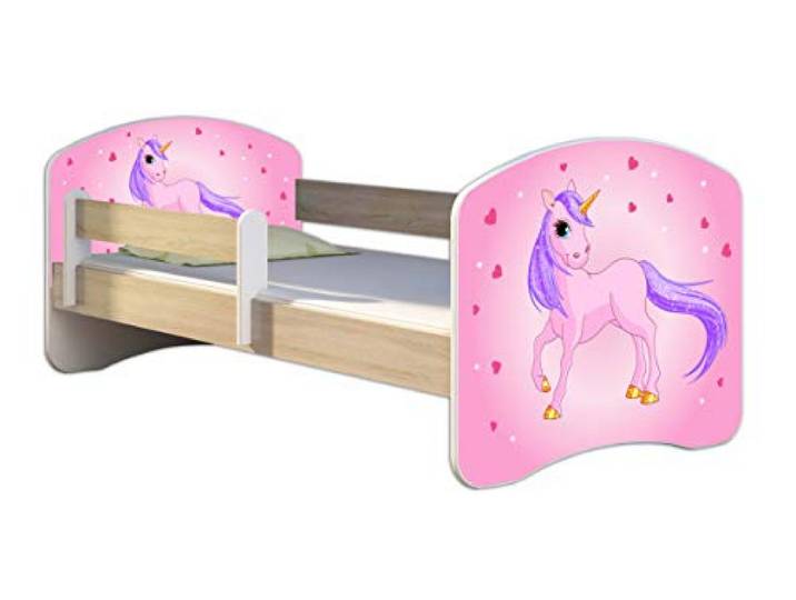 ACMA Kinderbett 140x70 Jugendbett mit Matratze, Farbe Sonoma mit Rausfallschutz Lattenrost II Spielbett Kinderzimmer Möbel, 17 Pony