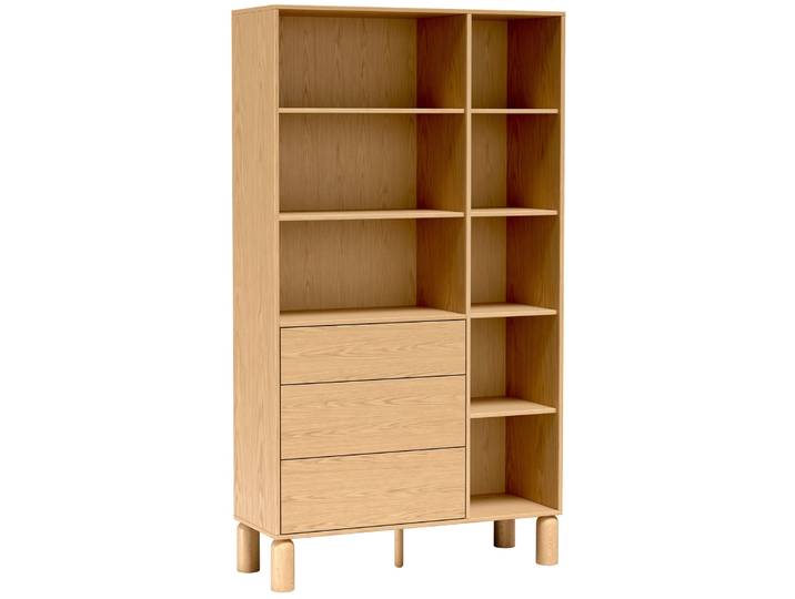 Regal Sanden mit drei Schubladen, 110 cm, Eiche Bookmatch