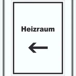HB-Druck Heizraum Aufkleber mit Text und Richtungspfeil links Heizung Wärme hochkant A8 (52x74mm)