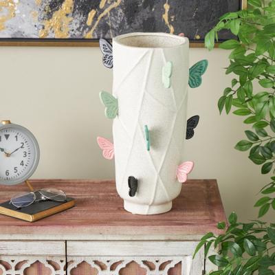 CosmoLiving by Cosmopolitan White Ceramic Wide Butterfly Decorative Vase with Multicolor Accents
