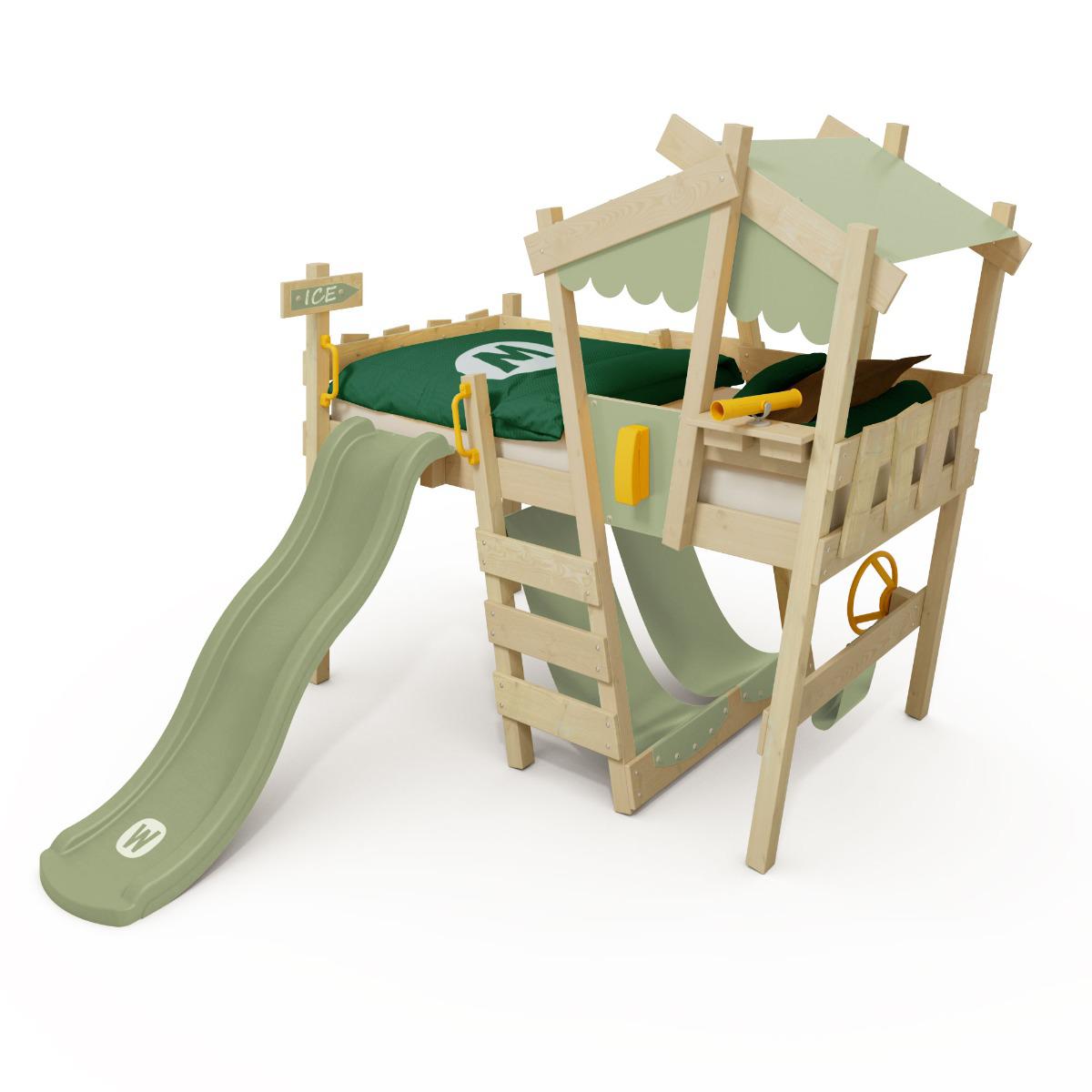 Abenteuer-Hochbett 90x200 cm aus Massivholz mit Hängesitz - CrAzY Snuggy Kinderbett Spielbett mit Dach und bemalbarer Plane - Wickey