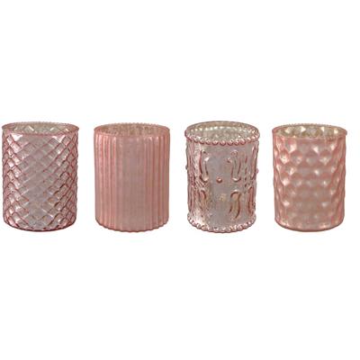 Windlicht CREATIV DECO, rosa, H:10cm Ø:8cm, Glas, Kerzenhalter, Windlicht, mit unterschiedlich strukturierten Oberflächen, 4er Set, H: ca. 10 cm